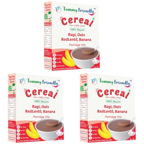 Image of TummyFriendly Foods Organic Sprouted Ragi Almond Dates Porridge Mix | Made of Sprouted Ragi Powder for baby | Available in Trial Baby Packs too | Shelf-life 9 month | 200g (Banana) (Pack of 3)