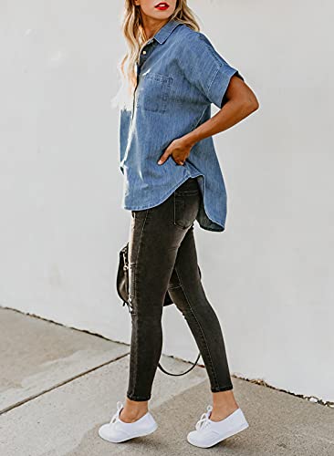 Astylish Womens Plus Size Short Sleeve Solid Color V Neck Button Down Shirts Sky Blue X-Large #TOP2