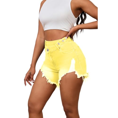 Image of PINSV Women's High Waisted Crossover Jean Shorts Ripped Raw Hem Summer Hot Denim Shorts Yellow L