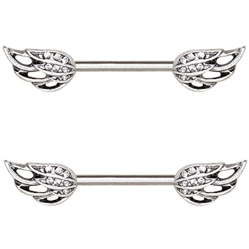 Pair Of Angel Wings Nipple Piercing Rings Steel Barbells - 14G 9/16" #TOP2