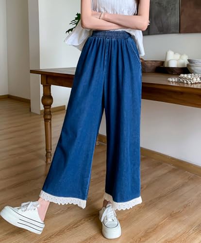 chouyatou Women's Casual Elastic Waist Denim Pants Lace Eyelet Hem Wide Leg Jean Capris Palazzo Culottes with Pockets3