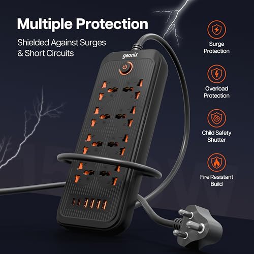 Image of Geonix PowerSpan U8 | Power Strip with 8 Universal Sockets, 2500W Max., 4 USB Ports, 2 C-Type Port, 10 Amps, 3 Mtr Copper Cable, Overload Surge Protection, Durable Abs Body, 250 Volts (Black)
