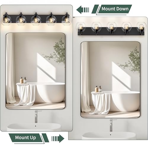Image of 5 Light Bathroom Light Fixtures-Matte Black Bathroom Vanity Lights, Modern Vanity Lights 5-Light Bathroom Lighting Fixtures Over Mirror with Clear Glass Globe Shade