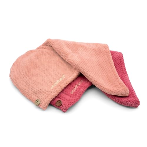 waschies Haartulband, set van 2, roze/roze, microvezel tulbandhanddoek voor snelle haardroging, superzacht, praktische fixeerknop, absorberende hoofdhanddoek, voor kort en lang haar