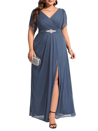 Ever-Pretty Plus Women's Chiffon V-Neck Cap Sleeves Rhinestone Maxi A-Line Plus Size Formal Mother of The Bride Dresses