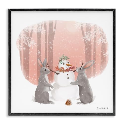 Winter Rabbits Snowman Forest Scene, 24 x 24 Inch Framed Giclée Print