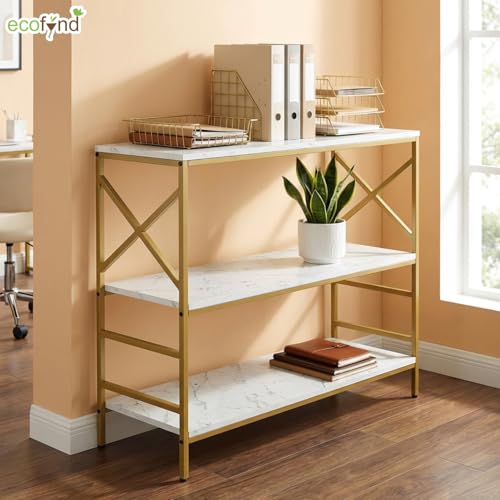 Image of ecofynd 35 Inch 3 Tier Console Table, Metal with Engineered Wooden top for Long Narrow Hallway, Entryway, Living Room, Dining Room, Office, Home Side Table Storage Shelves (WHTGO, CT003)