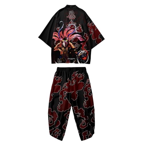 Image of DOSLAVIDA Men's Japanese Kimono Cardigan Suit Chinese Style Printed Jacket Pants Set Open Front Seven Sleeve Top & Shorts