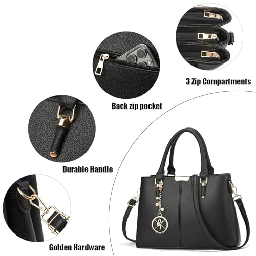 Purse and Handbags for Women, 3 Zip Compartments Tote Bag Designer Shoulder Purse Top Handle Satchel Bags (A0-Black purse with 2 purse strap) by KURGOOL - Used condition - Image 6