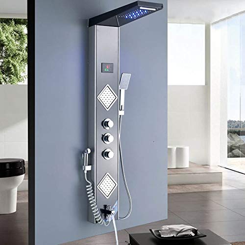 SnamicE Rain Waterfall LED Shower Panel Black Shower Column Tower Digital Screen Temp 3 Handle Mixer Tap Spray Bidet Shower Mixer Faucet,Black Grey Color,Black Grey Color