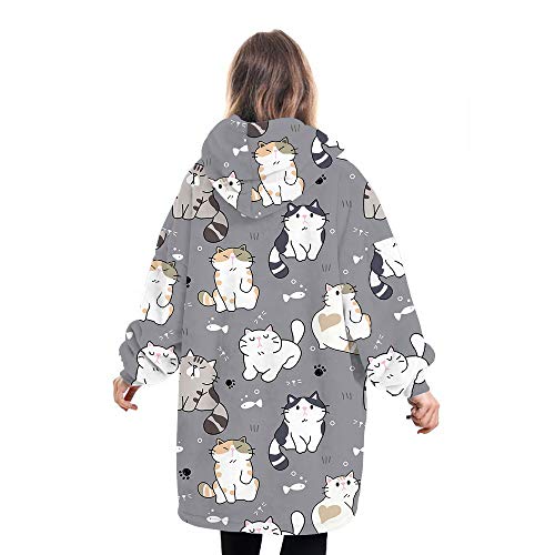L&ieserram Oversized Oodie Blanket Hoodie Fluffy Fleece Hoodie Blanket for Women Men Kids Wearable Hooded Blanket with Big Pocket (Cats - Grey, 7-12 Years) - Image 4