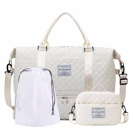 Travel Duffle Bag,Weekender Bags for Women with Shoe Compartment，Carry on Overnight Bag with Toiletry Bag,Gym Duffel Bag with Wet Pocket, Hospital Bags for Labor and Delivery (Beige-Large-3 Pcs)