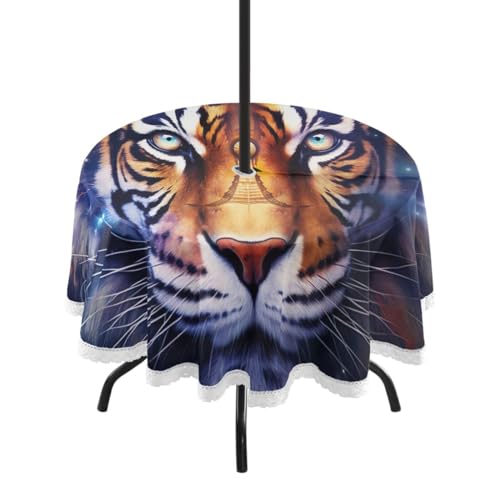 Wajiw 60 Inch Indoor Outdoor Round Tablecloth with Umbrella Hole and Zipper Waterproof Patio Table Cover for Camping Dining Room Party Outdoor Picnic,Tiger
