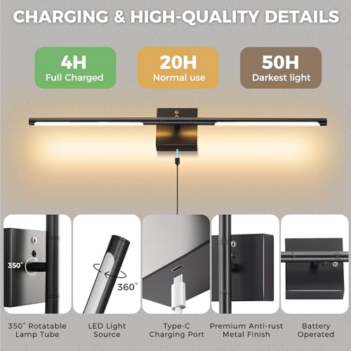Image of DORESshop Battery Operated Wall Sconces Set of 2, Dimmable Battery Wall Sconce with Remote Control, Black 350Rotate Rechargeable Sconces, 29 Inch Wireless Wall Lights for Bedroom, Living Room