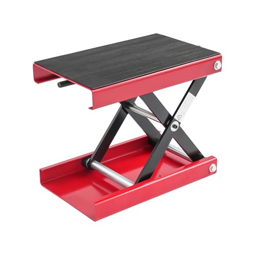 Elevador de moto, altura ajustable de 93 a 350 mm, con plataforma ancha, elevador de tijeras para reparación de bicicletas (500 kg de carga), con trinquete y manivela (rojo)
