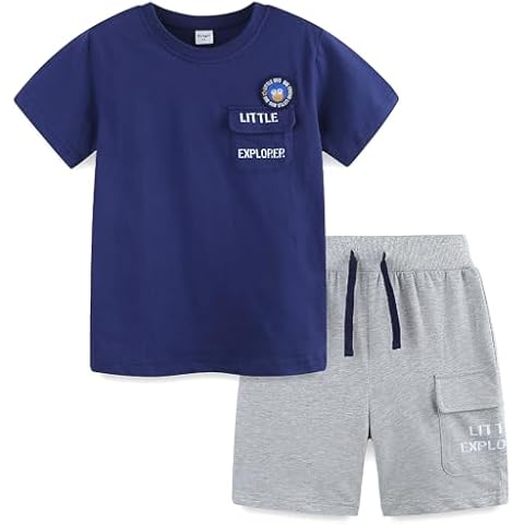 Baby Toddler Boy's Summer Clothes Outfit Cotton Spring Fashion Short Sleeve T-Shirt Tee and Cargo Shorts Pants School Playwear Clothing Set Blue Grey 2t Cover