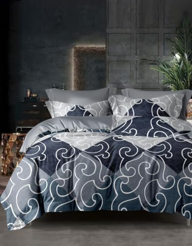 Image of DECOMIZER Cotton Feel All Around Elastic Fitted Glace Printed Queen Size Double Bed Bedsheet with 2 Large Pillow Covers Fits Upto Mattress of 8 Inches,Size - 60 x 78 x 10 Inches, Big Box Blue