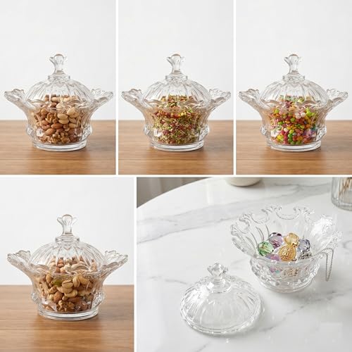 Image of Crystal Glass Candy Jar with Lid, Decorative Dry Fruit Storage Bowl for Chocolates, Mukhwas, Cookies & Snacks, Elegant Serving Container for Dining Table, Gift Item
