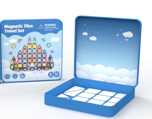 Magnetische Bausteine Reisespielzeug, 60-teiliges Magnetische Tiles Reiseset mit Eisenbox, Kreativität MINI Magnetic Fliesen Sensorisches Spielzeug Geburtstag Geschenk für Kinder 3 4 5 6 Jahren