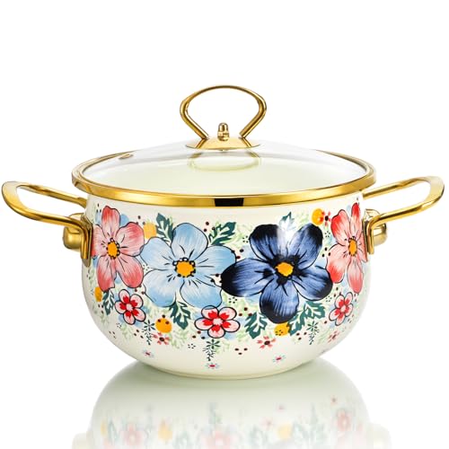 SOUJOY 3 Quart Enamel Cooking Pot with Glass Lid, Non-Stick Soup Pot with Handle, Vintage Floral Bean Stew Simmer Pot for Kitchen, Induction & Gas Stove Safe, Mother's Day, Wedding, Christmas Gift