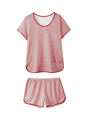 Image of Hilinker Women Striped Pajama Set Short Sleeve Top with Shorts Sleepwear Pjs 2 Piece Lounge Sets