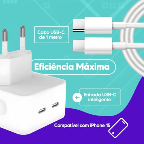 Carregador Tipo C Turbo 50W com Cabo USB-C 1M e Fonte Compatível com Iphone 15 16 Pro Max Plus Ultra