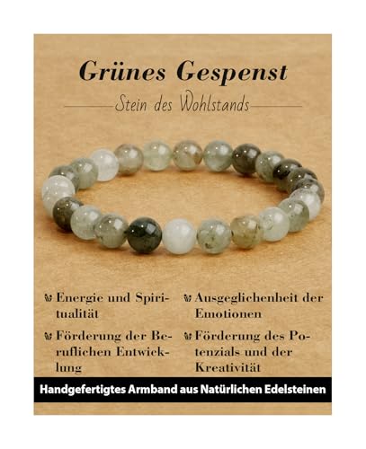 Landorilo Handmade Echte Naturstein Perlen Heilsteine Armband Damen Herren, 8MM Runde Edelsteine Yoga Armbänder, Glücksarmband, Kreative Schmuck Geschenke(Grünes Gespenst)
