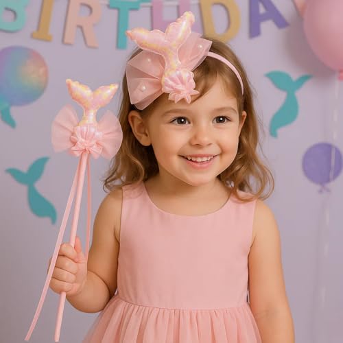 Image of Wanna Party Iridiscent Mermaid Wand and Headband, Girls Princess Mermaid Dress up Accessories for Girls Ariel Crown Headband & Wand for Kids Dress up,Halloween Christmas Party Favors for Kids