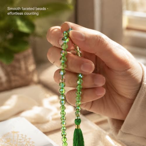 Image of Islamic Salat Prayer Tasbih - 100 Crystal White Beads - Tasbeeh for Dhikr, Zikr, and Meditation (Green)