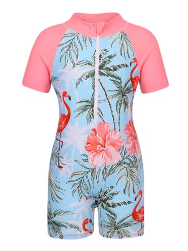 AmzBarley Girls Swimming Costume Kids One Piece Swimsuit Mermaid Swimwear Zipper Swimsuits Short Sleeve Surfing Swimming Wetsuit Bluepink Age 7-8 Years Size 130