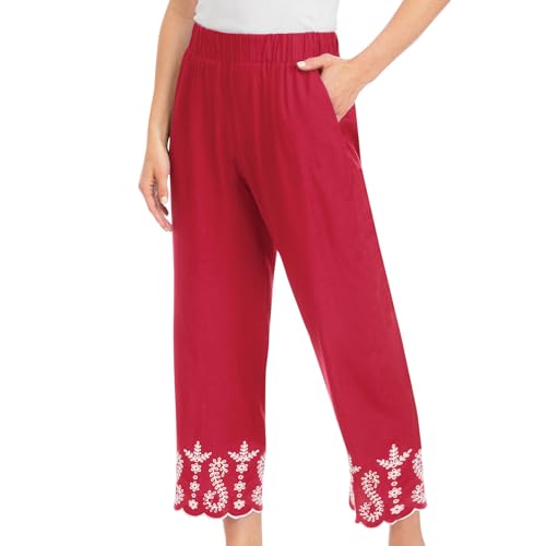 Collections Etc Embroidered & Scalloped Hem Elasticized Waist Capris