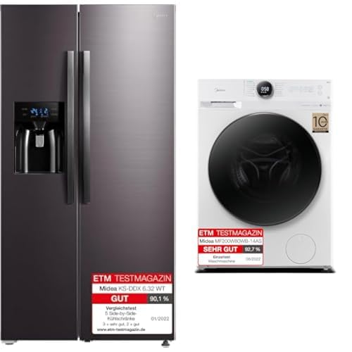 Midea Set: Side-by-Side Kühl-/Gefrierkombination + Waschmaschine 8kg, No Frost, Steam Care