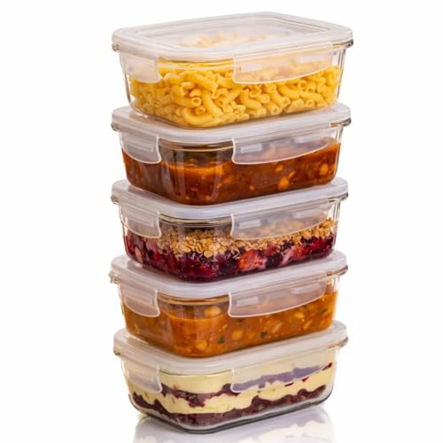 Kit 5 Potes Herméticos Yab 370ml Vidro Borossilicato com Tampa Trava Segurança BPA Free Resistente a Choques Térmicos Pode Ir ao Forno Micro-ondas Freezer Lava-louças