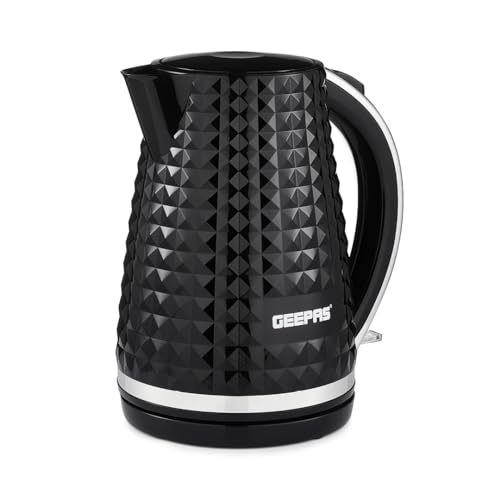 GEEPAS Argyle 1.7L Cordless Electric Kettle | Textured Kettle with 360° Rotational Base & Concealed Heating | Auto Shut Off Boil Dry Sensor | Space Saving Cord Storage and LED Indicator | 2200W Black