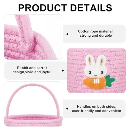 Image of Domensi 1 Pcs Empty Easter Basket for Eggs Hunt Small Bunny Basket with Handle Soft Cotton Rope Woven Gifts for Candy Easter Days Decoration Party Holidays (Pink)