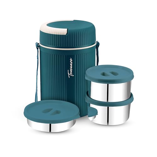 Image of Trueware GRUB 2 Double Wall Insulated Hot Lunch Box with 2 SS Container 300 ML Each & 1 SS Container 200ML | Bpa Free | Food Grade | Hot and Fresh Ma (LBI-GRB-002-Blue BAZ)