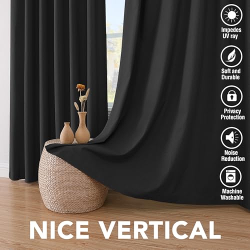 Image of H.VERSAILTEX 100% Blackout Curtains for Bedroom Thermal Insulated Linen Textured Curtains Heat and Full Light Blocking Drapes Living Room Curtains 2 Panel Sets, 52x96 - Inch, Black