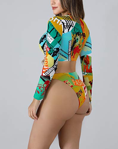 Conjunto de biquíni feminino de duas peças de manga comprida, com zíper frontal e cintura alta, Letr