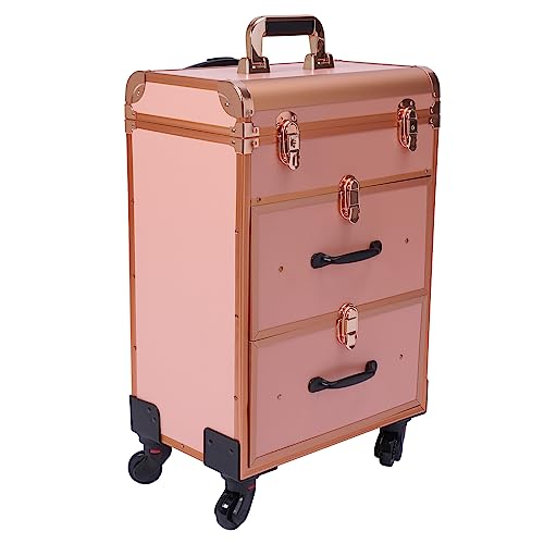 RocoReny 3 Tier Rolling Makeup Train Case Travel Cosmetic Trolley with 360° Rotation Wheels for Professional Salon Barber Traveling Cart Trunk Cosmetic Beauty Storage (Rose Gold)