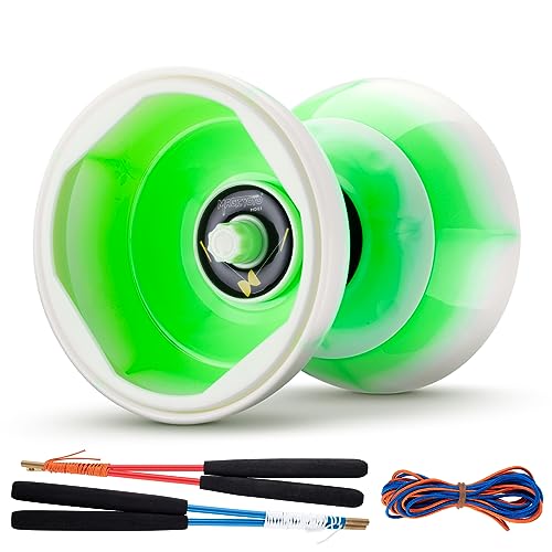 Image of MAGICYOYO Pro Triple Bearing Diabolo Medium Size 5 inch Blue Chinese Yoyo Toy with 2 Pair Carbon Sticks+ 2 Extra Strings +1 Net Bag, High Performance Chinese Yoyo Diabolo Skill Toy - Green White