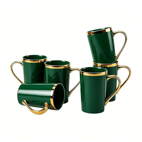 Loymokinar Emerald Green and Gold Coffee Mugs Set of 6, 12 Oz Dark Green Luxury Porcelain Cup with Gold Handle, Vintage Aesthetic Mugs, Tea Cups Gift