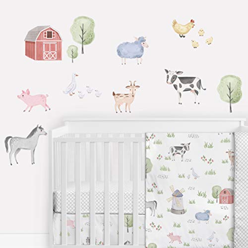 Image of Sweet Jojo Designs Farm Animals Large Peel and Stick Wall Decal Stickers Art Nursery Decor Mural - Set of 4 Sheets - Watercolor Farmhouse Barn Horse Cow Sheep Pig Chicken Sheep Goat Barnyard