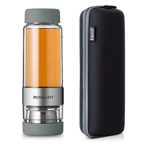 Tea Infuser Bottle Tumbler Travel Mug ROMAUNT Twist Valve System Design Control Tea Concentration 14oz / 390 Ml Double Wall Tritan Bpa Free Body Compatible With Coffee Bag Grey Color
