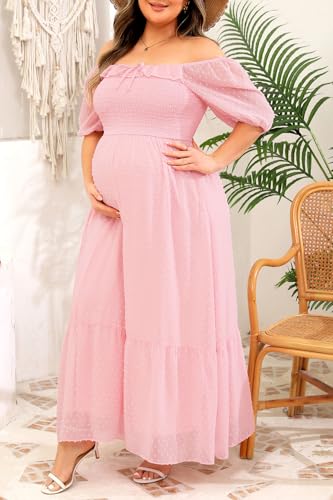 Image of Plus Size Summer Dresses - Swiss Dot Smocked Square Neck Puff Sleeve Boho Maternity Maxi Dress for Baby Shower Wedding Guest