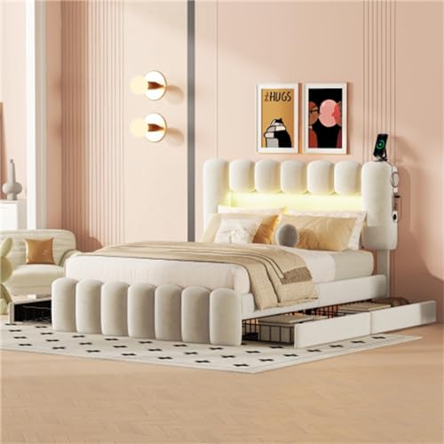 Tcewhhy Cama Tapizada 140x200 Cm con 4 Cajones Cama Doble con Tira De Luz LED USB Y Equipo De Música Cama Juvenil para Adultos Jóvenes Canapés Cama De Invitados Beige