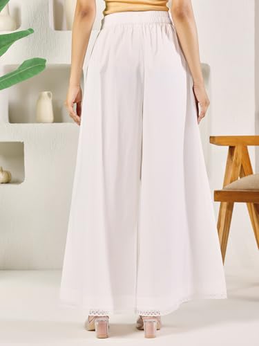 Image of FIORRA Women's White Cotton Solid Palazzo with Lace