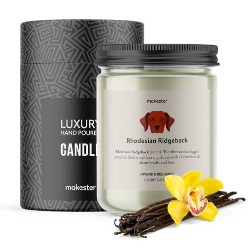 Rhodesian Ridgeback Gifts - Luxury Soy Wax Candle - Vanilla, Jasmine, Sugared Almond - Makester, White, 220g