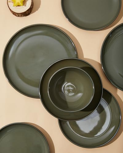 Image of Pokini 24 Piece Dinnerware Set for 8, Santorini Mist Terracotta Plates and Bowls Sets, Complete Stoneware Dish Set for Large Families and Entertaining, Microwave & Dishwasher Safe, Blackish Green