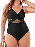 CUPSHE Damen Große Größen Badeanzug Wickel Sheer Mesh Monokini V Ausschnitt Zierausschnitt Einteilige Plus Size Bademode Swimsuit Schwarz L
