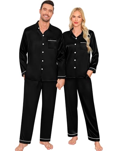 SWOMOG Couple Matching Pajama Set Women & Men Satin Pajamas Long Sleeve Sleepwear Button Down Loungewear 2 Pcs Pj Set(Women, Z- Black with classic collar, X-Large)